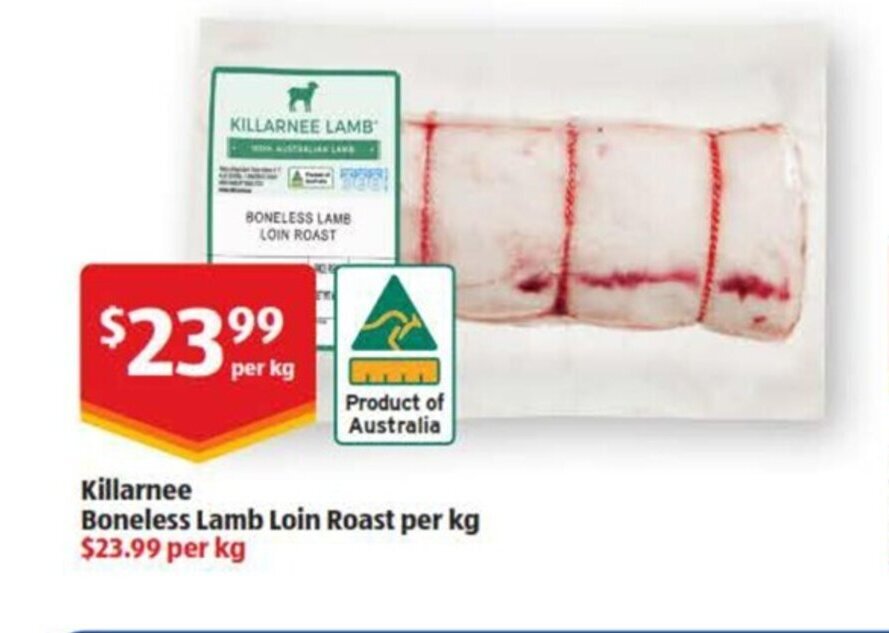 Killarnee boneless lamb loin roast per kg offer at ALDI