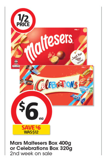 Coles Mars Maltesers Box 400g or Celebrations Box 320g offer