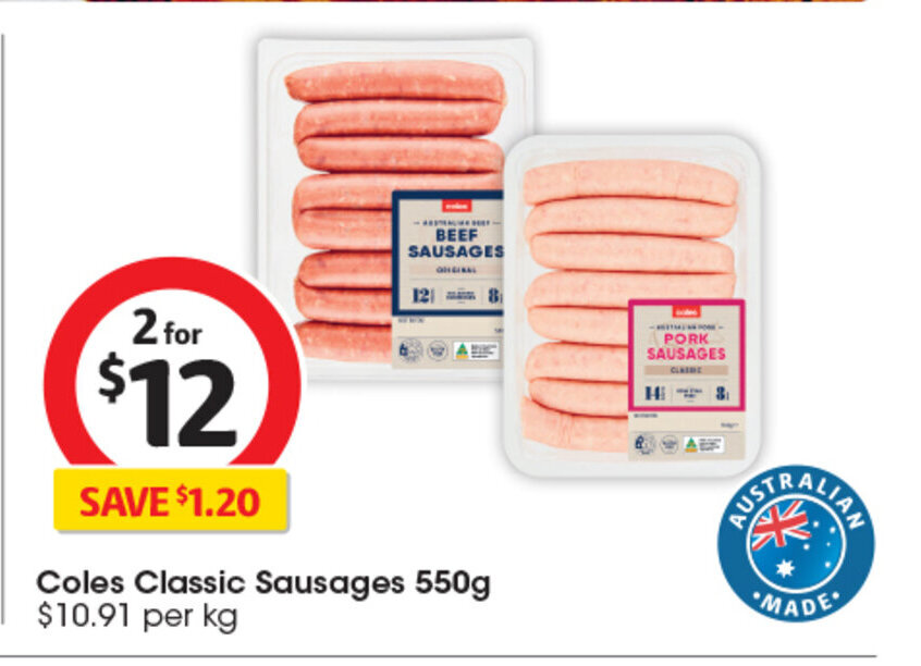 Coles Classic Sausages 550g offer at Coles