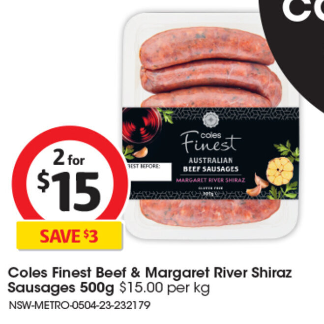 Coles Finest Beef & Margaret River Shiraz Sausages 500g offer at Coles