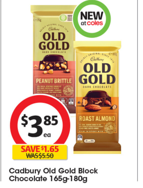 Cadbury Old Gold Block Chocolate 165g180g offer at Coles