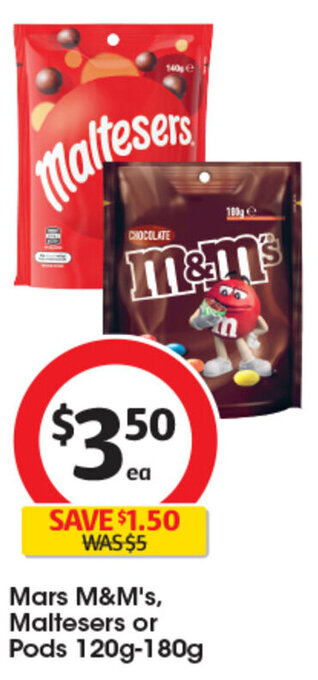 Coles Mars M&M's, Maltesers or Pods 120g-180g offer