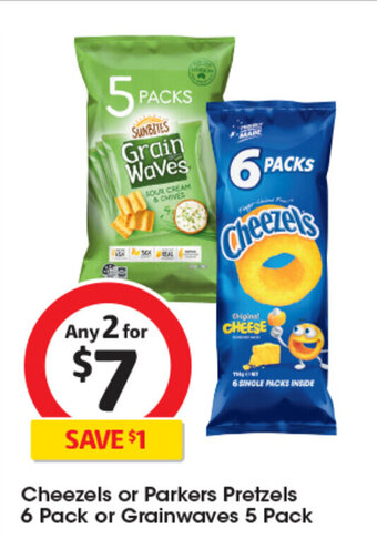 Coles Cheezels Or Parkers Petzels 6 pack Or Grainwaves 5 Pack offer