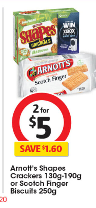 Coles Arnott's Shapes Crackers 130g-190g or Scotch Finger Biscuits 250g offer
