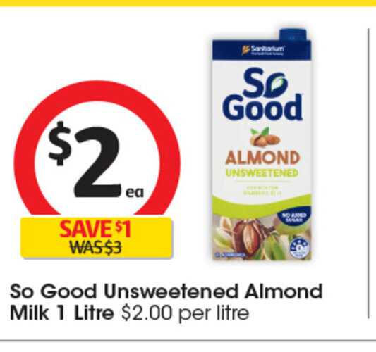 So Good Unsweetened Almond Milk 1 Litre offer at Coles
