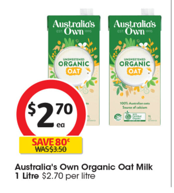 Australia's Own Organic Oat Milk 1 Litre offer at Coles
