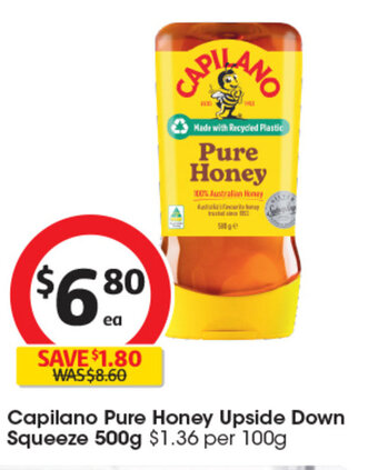 Coles Capilano Pure Honey Upside Down Squeeze 500g offer