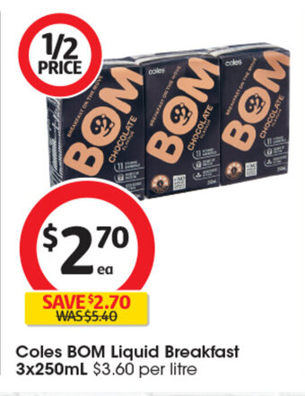 Coles Coles BOM Liquid Breakfast 3x250ml offer