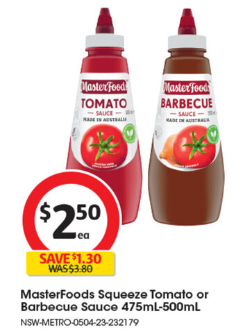 Coles MasterFoods Squeeze Tomato or Barbecue Sauce 475ml-500ml offer