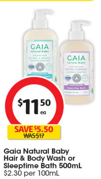 Coles Gaia Natural Baby Hair & Body Wash or Sleeptime Bath 500ml offer
