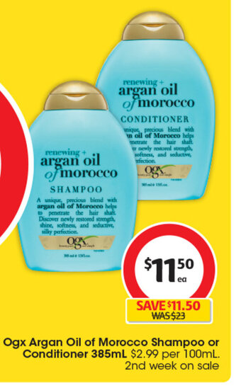 Coles Ogx Argan Oil of Morocco Shampoo or Conditioner 385ml offer