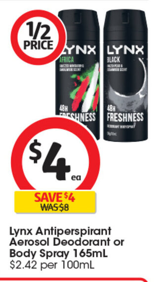 Coles Lynx Antiperspirant Aerosol Deodorant or Body Spray 165ml offer