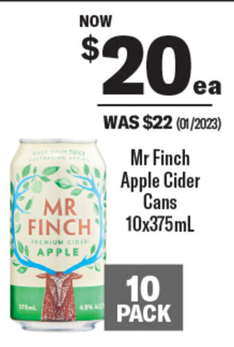 Coles Mr Finch Apple Cider Cans 10x375mL offer