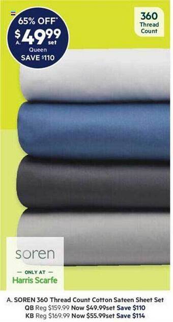 Harris Scarfe Soren 360 thread count cotton sateen sheet set offer