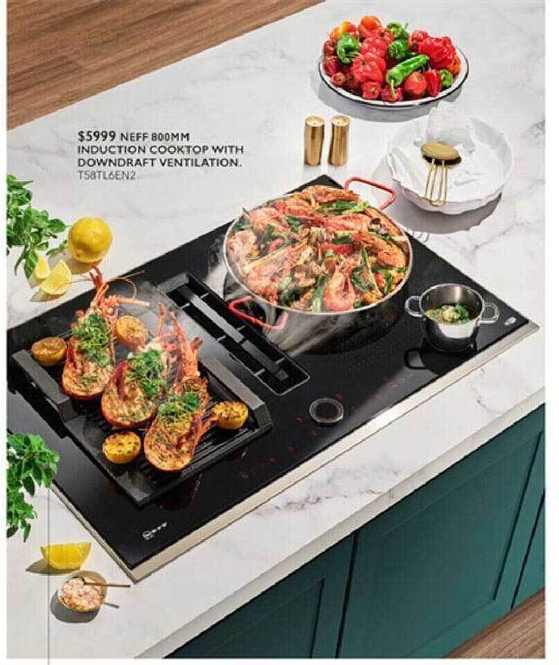 Neff 800mm induction cooktop with downdraft ventilation offer at Harvey