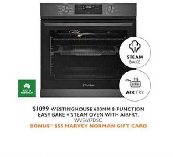 Westinghouse 600mm 8function easy bake + steam oven with airfry offer at Harvey Norman
