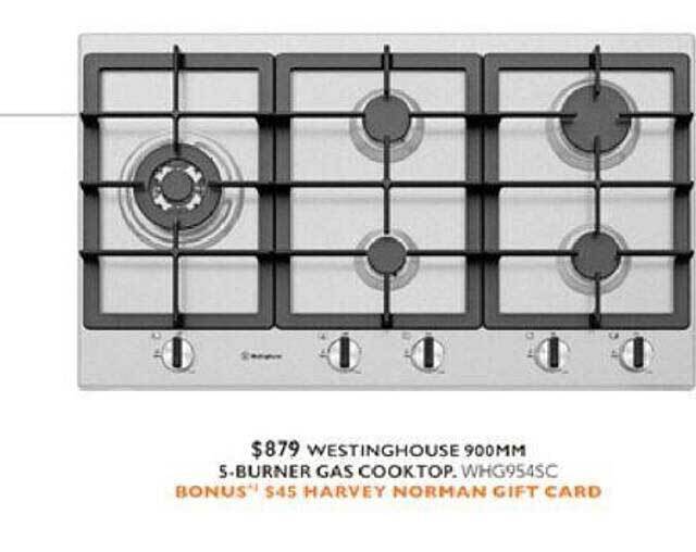 Westinghouse 900mm 5burner gas cooktop offer at Harvey Norman