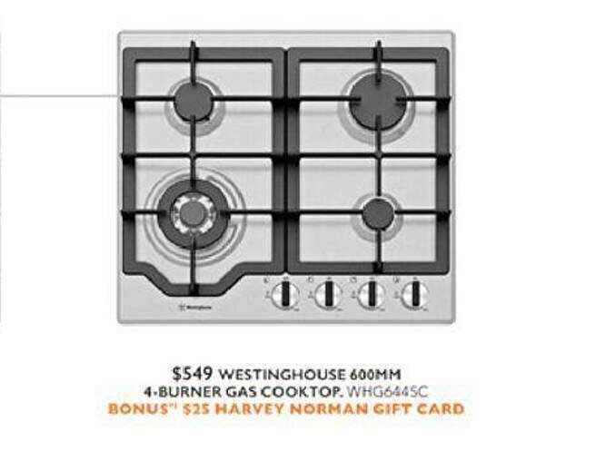 Westinghouse 600mm 4burner gas cooktop offer at Harvey Norman