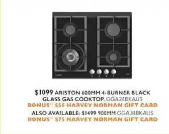 Harvey Norman Ariston 600mm 4-burner black glass gas cooktop offer