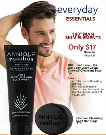 Annique 180° 3-in-1 face, hair and body wash 250ml charcoal cleansing soap bar offer