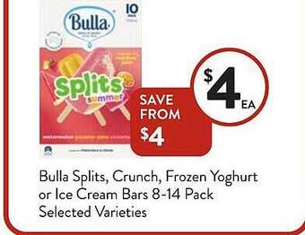 Foodworks Bulla splits, crunch, frozen yoghurt or ice cream bars offer