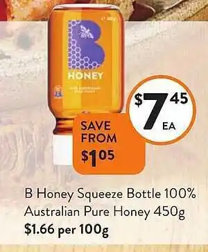 Foodworks B honey squeeze bottle 100% australian pure honey offer