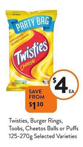 Foodworks Twisties, burger rings, toobs, cheetos balls or puffs offer
