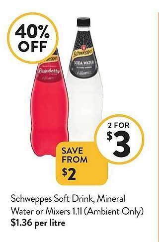 Foodworks Schweppes soft drink, mineral water or mixers offer