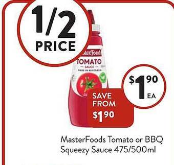Foodworks Masterfoods tomato or bbq squeezy sauce offer