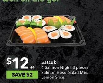 Ritchies Satsuki 4 salmon nigiri, 8 pieces salmon hoso, salad mix, lemon slice offer