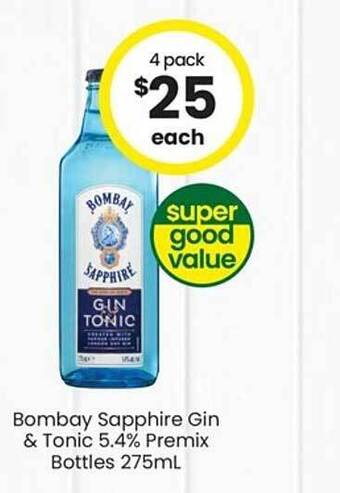 The Bottle O Bombay sapphire gin & tonic 5.4% premix bottles offer