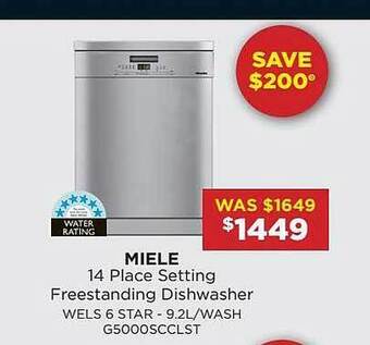 Bing Lee Miele 14 place setting freestanding dishwasher wels 6 star - 9.2l wash offer