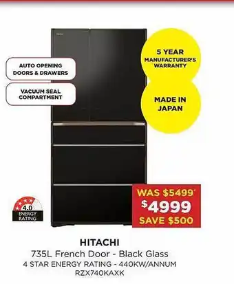 Bing Lee Hitachi 735l french door - black glass offer