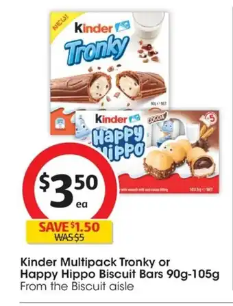 Coles Kinder Multipack Tronky or Happy Hippo Biscuit Bars 90g-105g offer