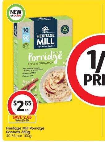 Coles Heritage Mill Porridge Sachets 350g offer