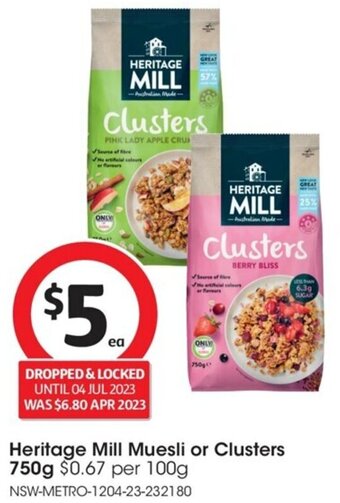 Coles Heritage Mill Muesli or Clusters 750g offer