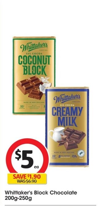Coles Whittaker's Block Chocolate 200g-250g offer