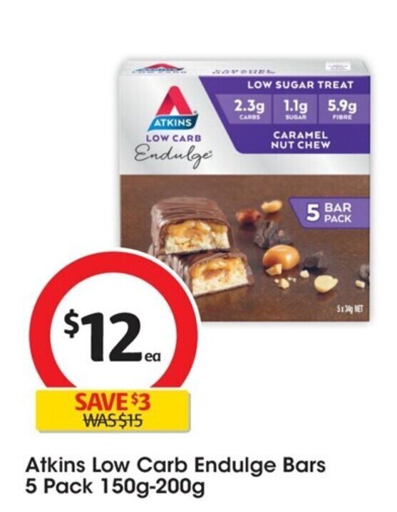 Atkins Low Carb Endulge Bars 5 Pack 150g200g offer at Coles