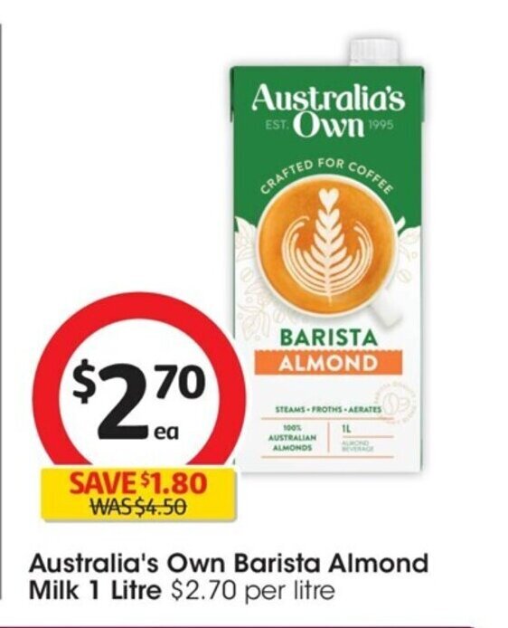 Australia's Own Barista Almond Milk 1 Litre offer at Coles