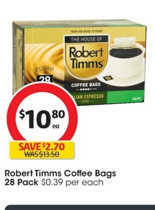 Robert Timms Coffee Bags 28 Pack offer at Coles