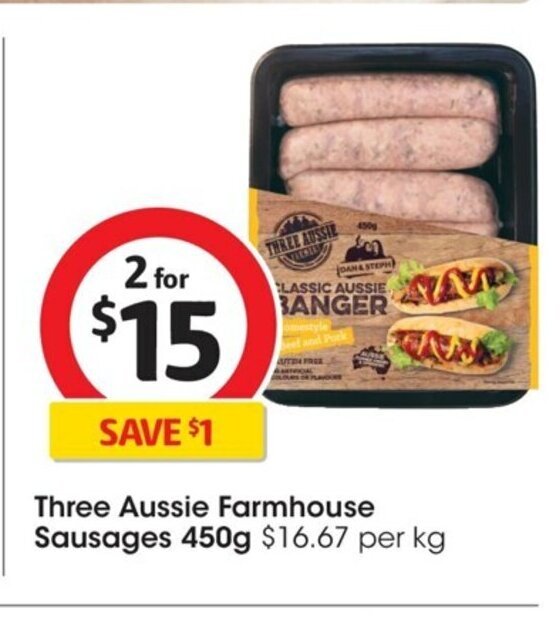 Three Aussie Farmhouse Sausages 450g. offer at Coles