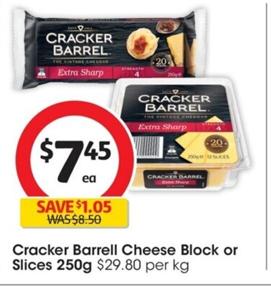 Crackers Barrell Cheese Block or Slices 250g offer at Coles
