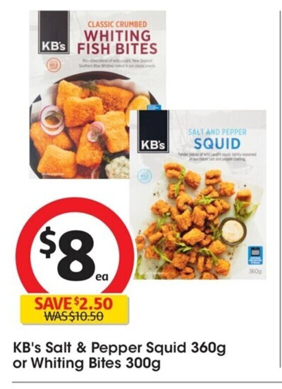 KB's Salt & Pepper Squid 360g or Whiting Bites 300g offer at Coles