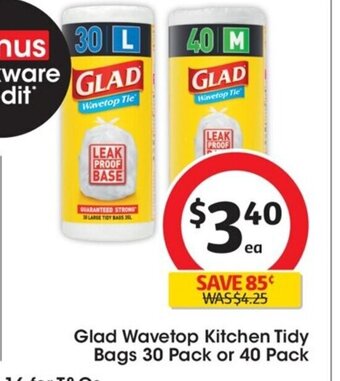 Coles Glad Wavetop Kitchen Tidy Bags 30 pack or 40 pack offer