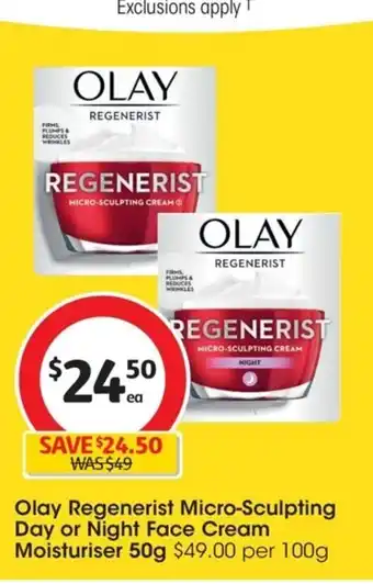 Coles Olay Regenerist Micro Sculpting Day or Night Face Cream Moisturiser 50g offer