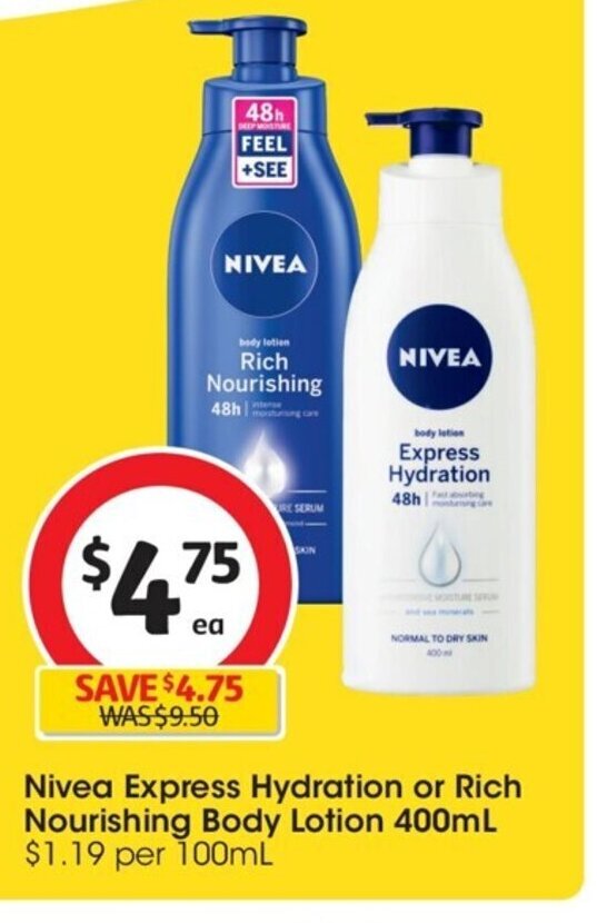 Nivea Express Hydration or Rich Nourishing Body Lotion 400 ml. offer at