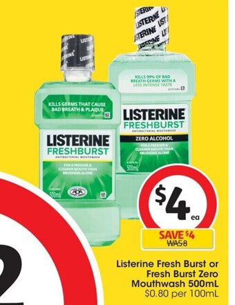 Coles Listerine Fresh Burst or Fresh Burst Zero Mouthwash 500ml offer