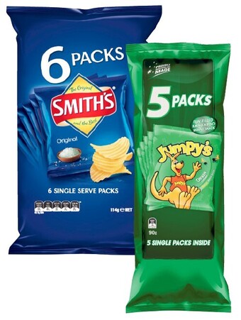 Coles Jumpy's 5 pack or smith's crinkle cut or twisties 6 pack offer