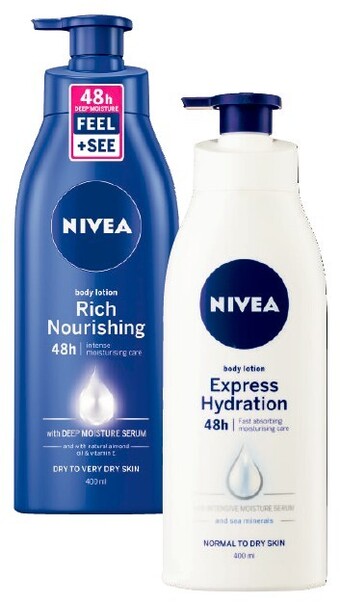 Coles Nivea express hydration or rich nourishing body lotion 400ml offer