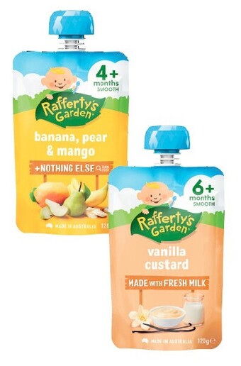 Coles Rafferty's garden 4+ months, 6+ months or 8+ months baby food pouch 120g offer